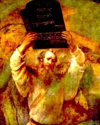 Artist's depiction of Moses with the stone tablet bearing the 10 Commandments.