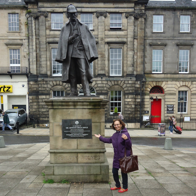 Me at the statue of Sir Arthur Conan Doyle.