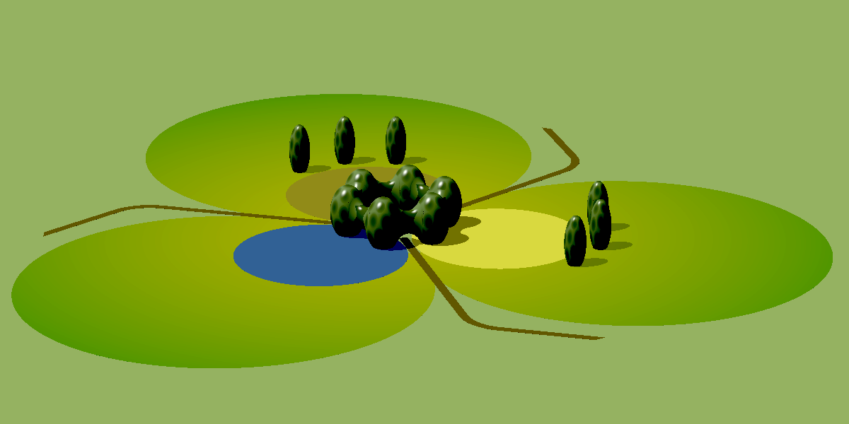 View of a futuristic tri-gleba farmlet from an elevation of 20 degrees.