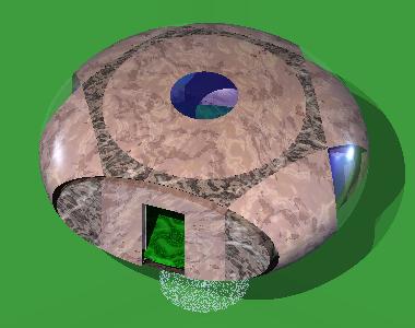 Oblique view of a sliced petal version of an accommodation module with doorway unit inserted.