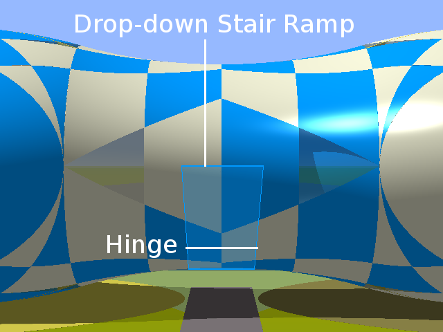 Illustration of the drop-down access ramp from a connecting corridor of the landshare dwelling.