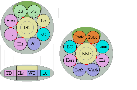 Plan and elevation views of the twin-daisy landshare dwelling.