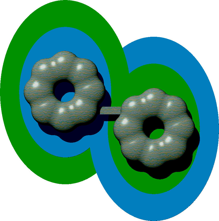 Twin-daisy landshare dwelling set in its garden-lake double ellipsoidal hinterland.