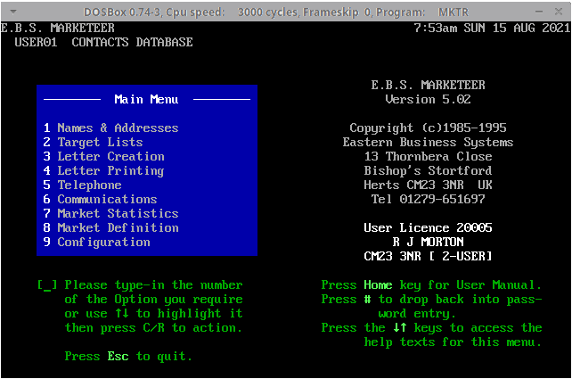 EBS Marketeer running in DOSBox on Linux