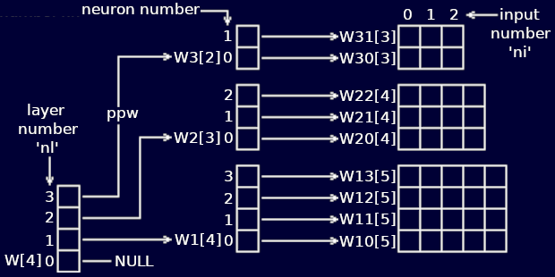 MLP data structure: layer number to neuron number to weight number pointers.