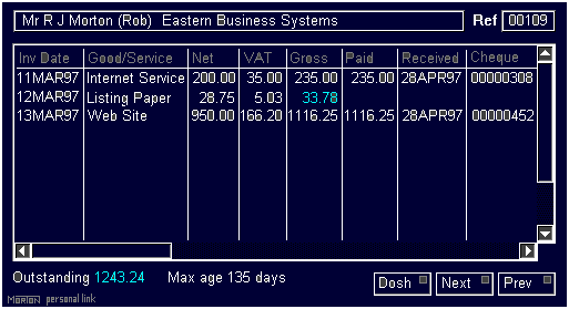 The account window of the EBS Personal Link application.