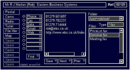 The communications data window of the EBS Personal Link application.