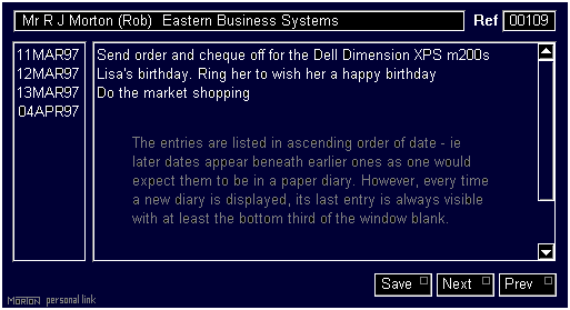 The event diary window of the EBS Personal Link application.