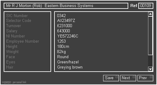 The numeric data window of the EBS Personal Link application.