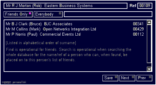 The friends and associates list window of the EBS Personal Link application.