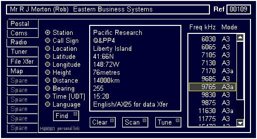 The radio communications window of the EBS Personal Link application.
