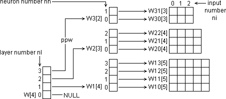 MLP data structure: layer number to neuron number to weight number pointers.